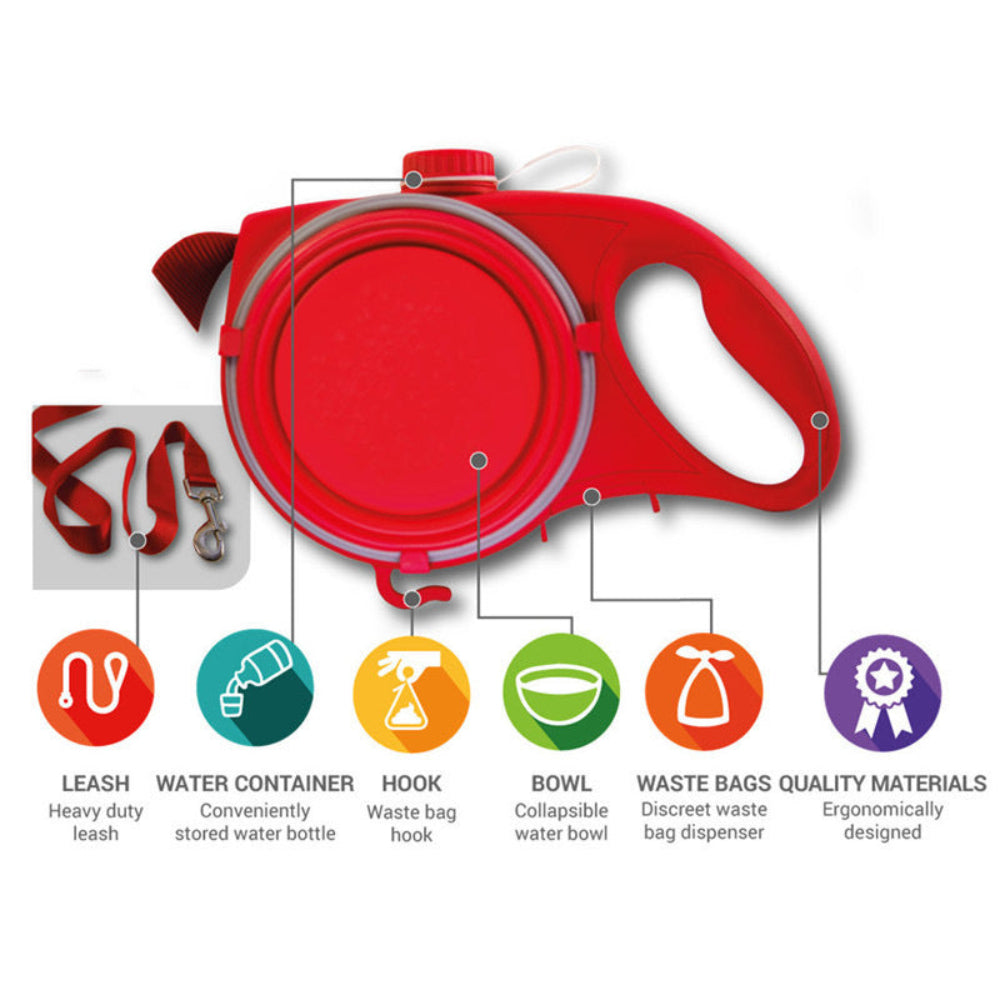 Laisse rétractable avec gamelle et réservoir d’eau